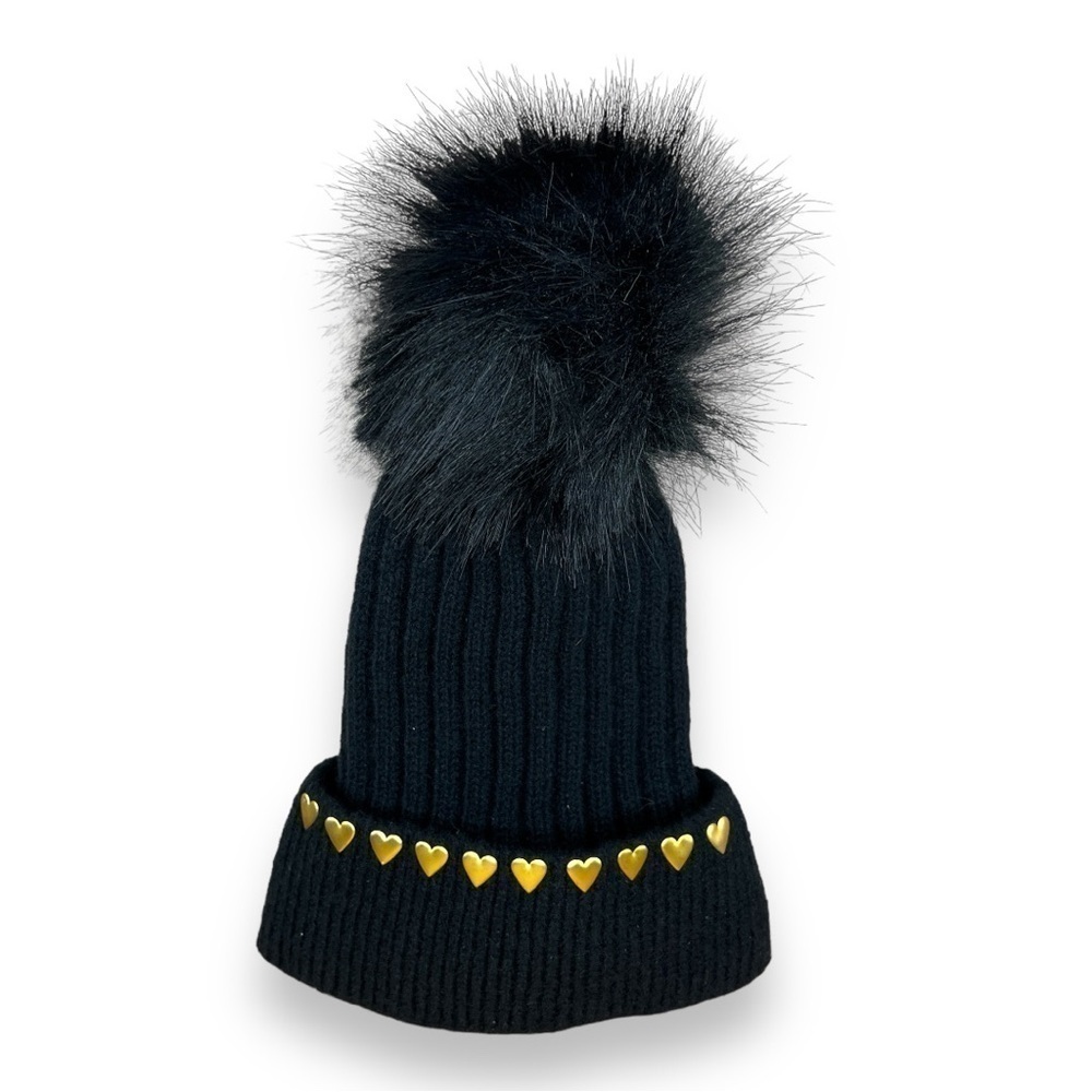 Black Gold Heart Knit Beanie With Pom Pom Adult Goth Kawaii